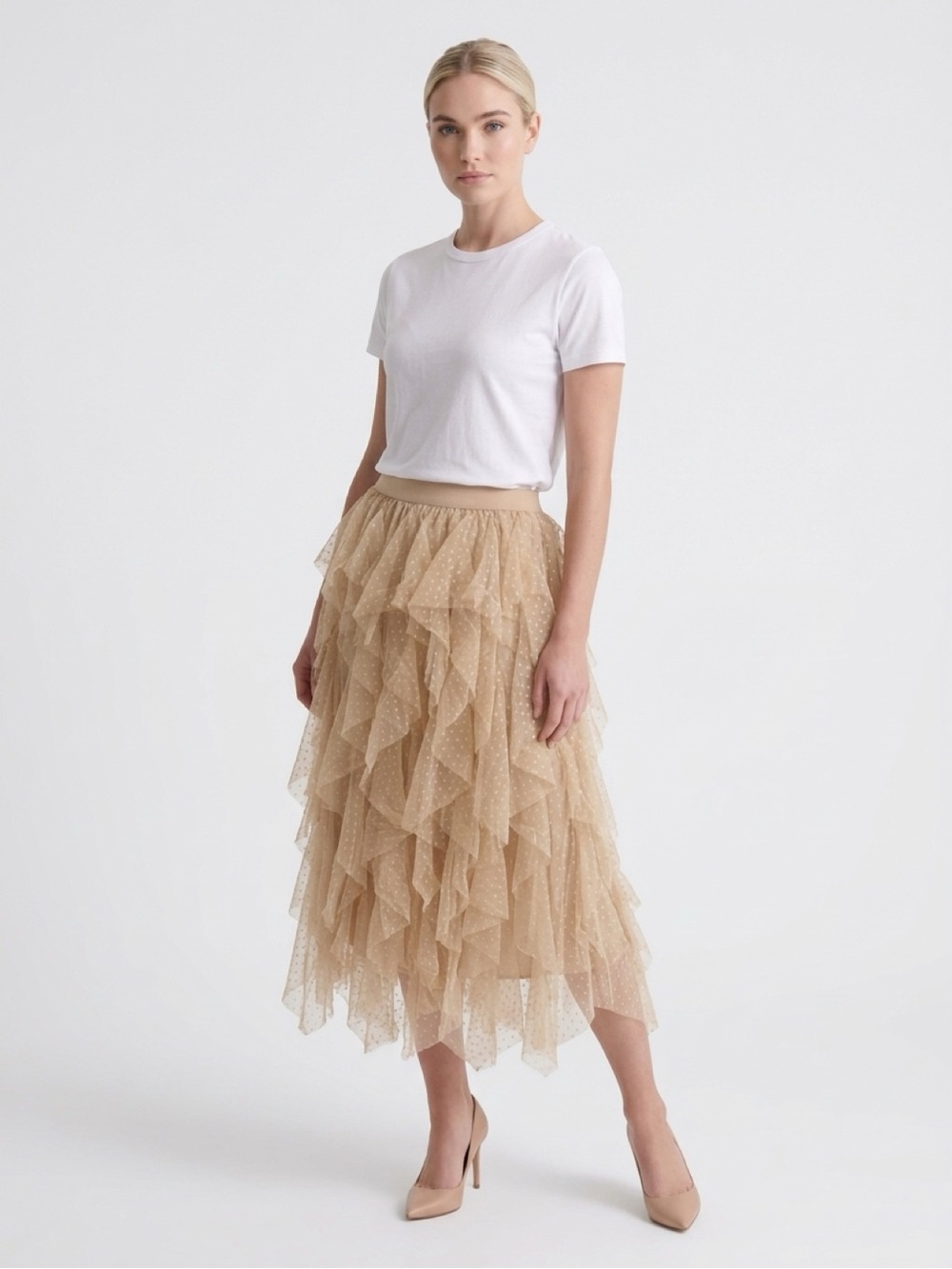 WD.NY Layered Polka Dot Tulle Midi Skirt in Beige